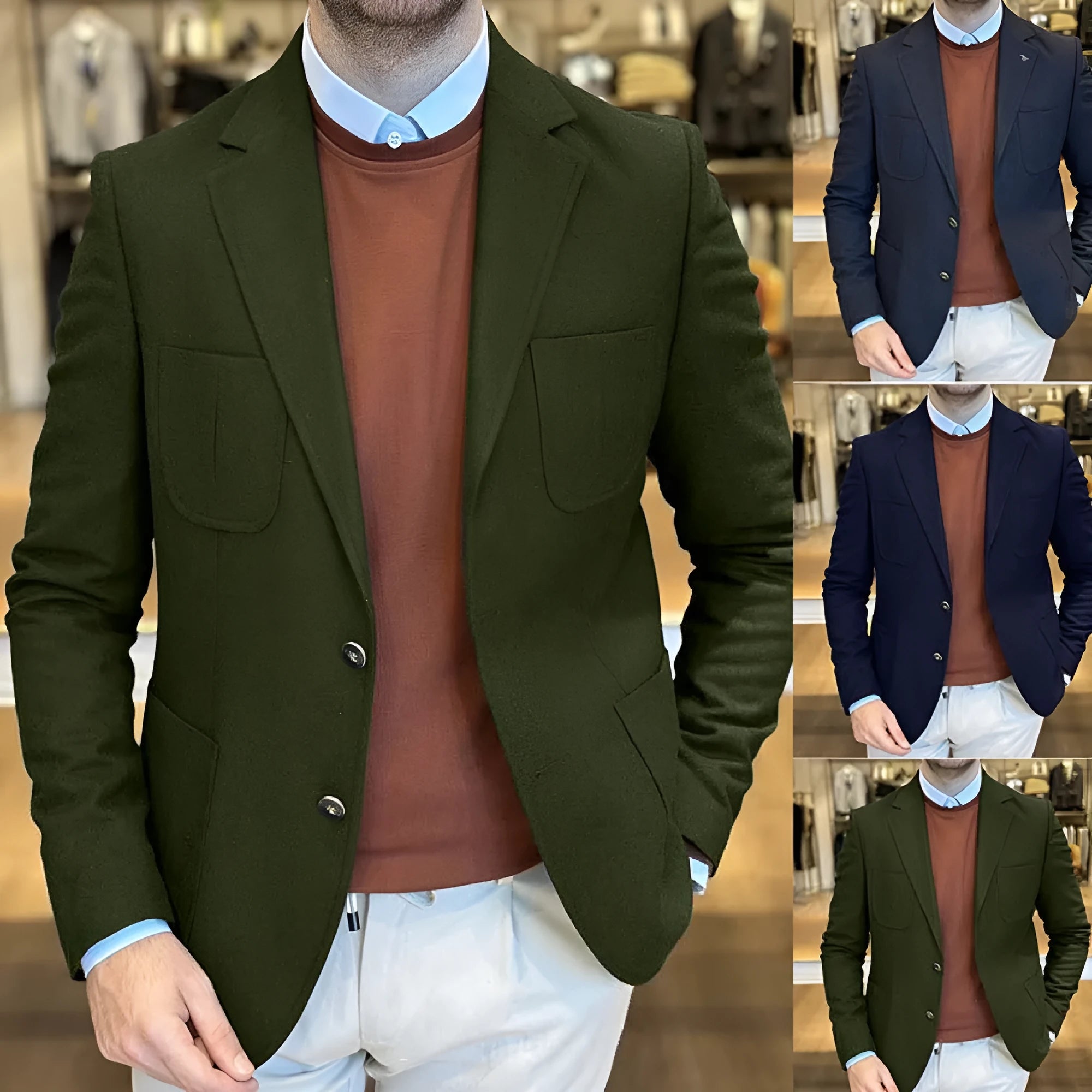 Men's loose fit cotton casual blazer in army green colour on a hanger.