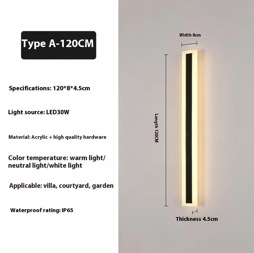 Outdoor LED strip wall lamp with wrought iron shell, shown in 120cm and 150cm lengths