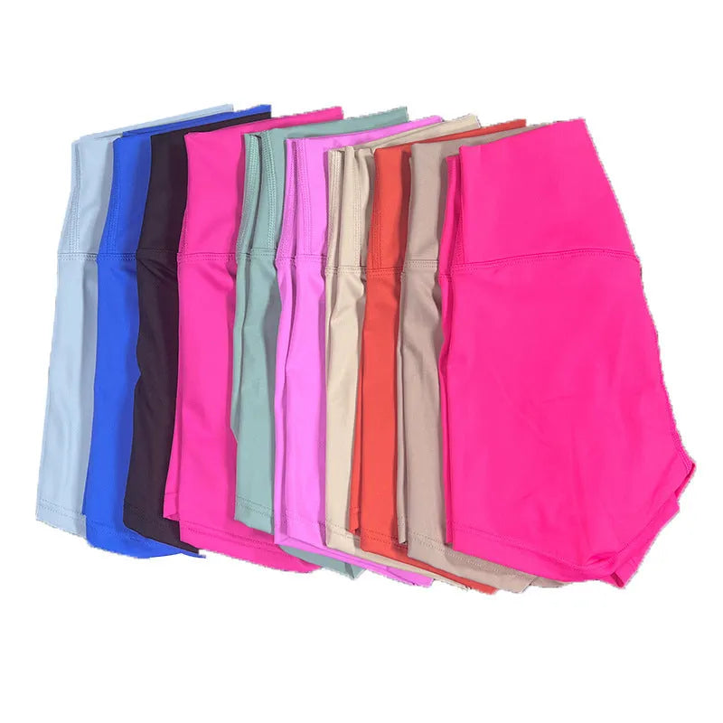 Ladies high-waist yoga shorts in nylon fabric, shown in pink litchi colour