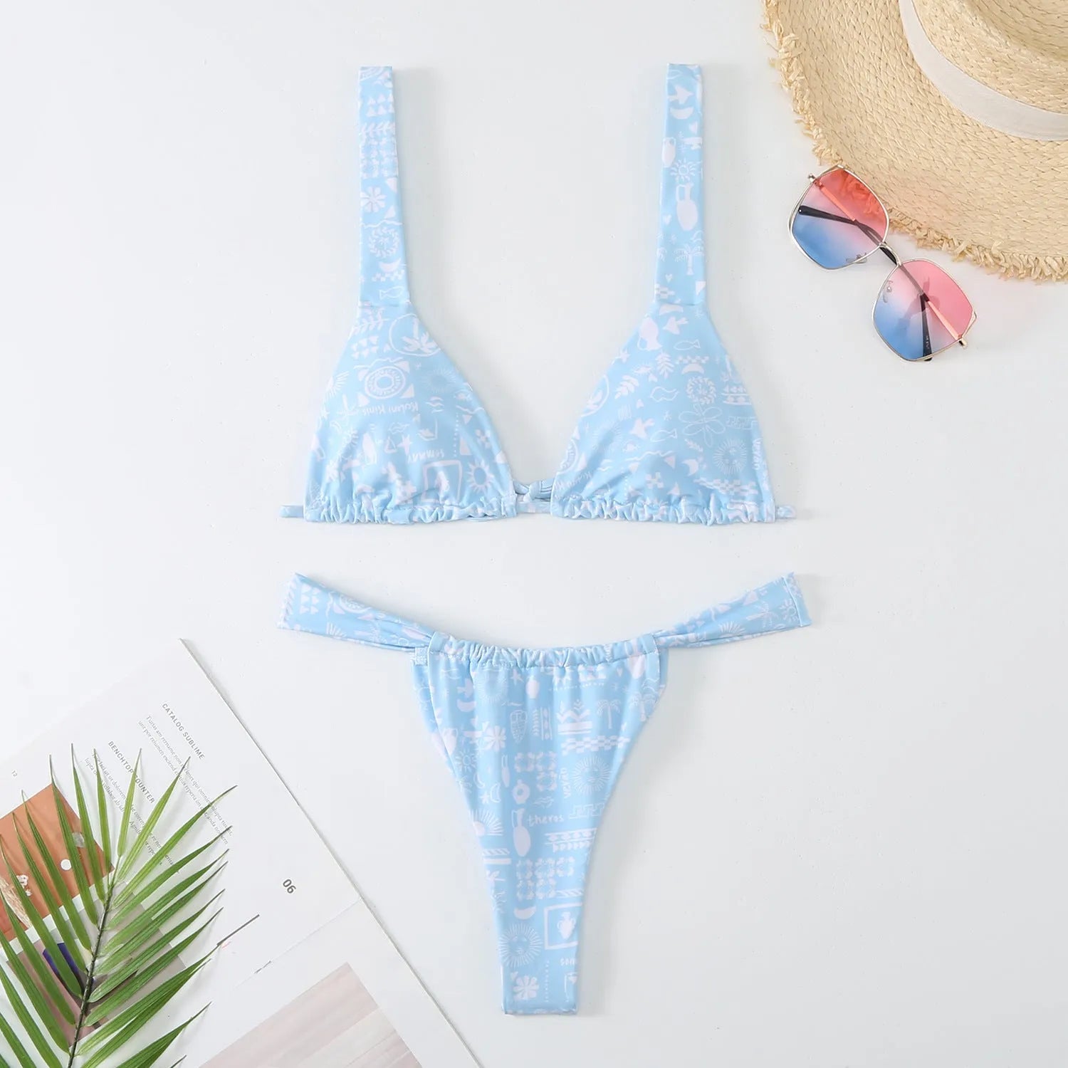 Women's floral print bikini swimsuit in rose red, blue, sky blue and white colors with polyester fabric for swimming