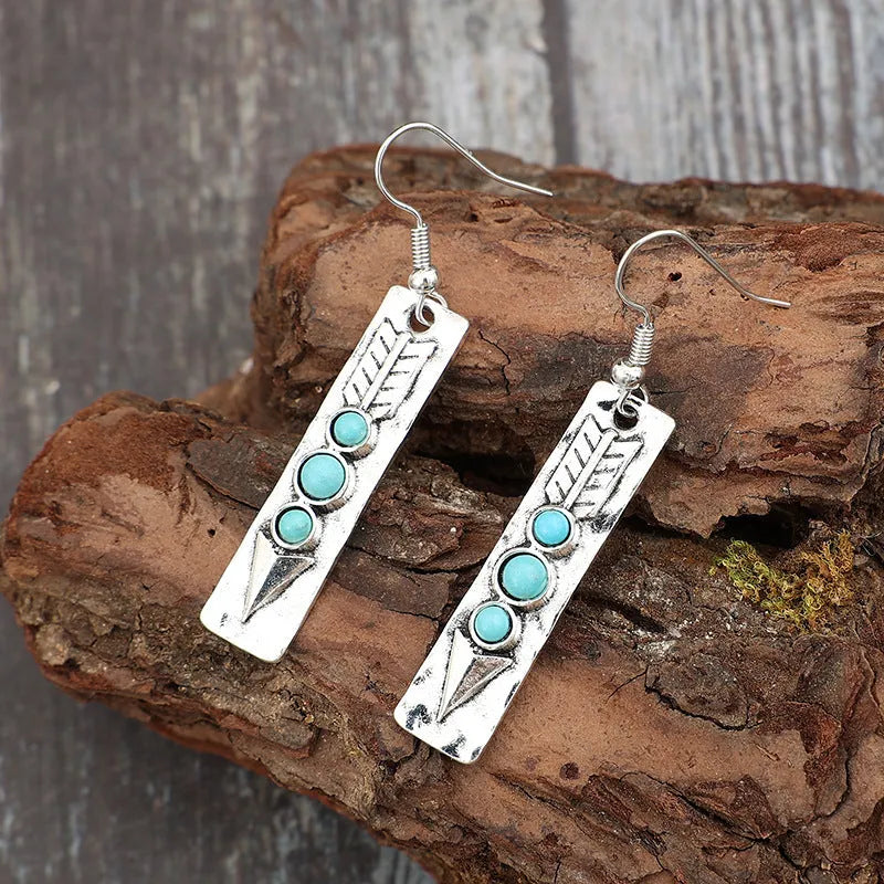 Silver geometric retro earrings with turquoise inlay, long strip drop design