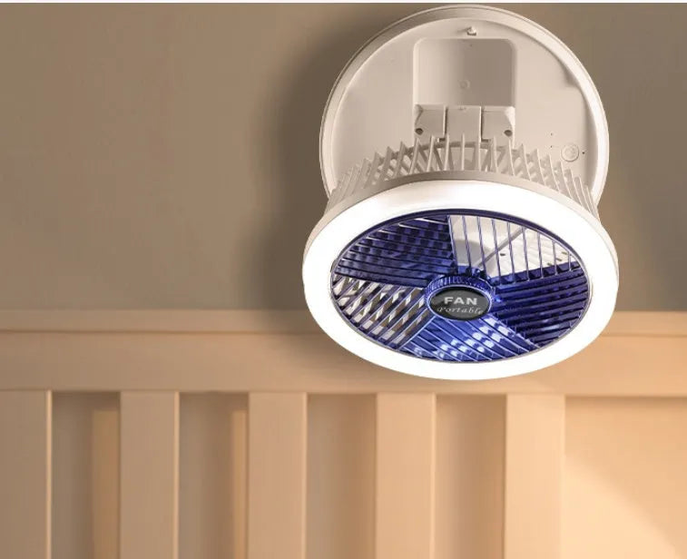 Blue foldable USB desk fan with LED light showing adjustable head and pen holder
