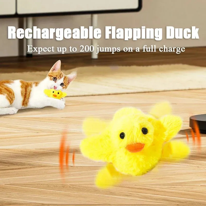 Yellow flapping duck cat toy with plush material and USB charging cable