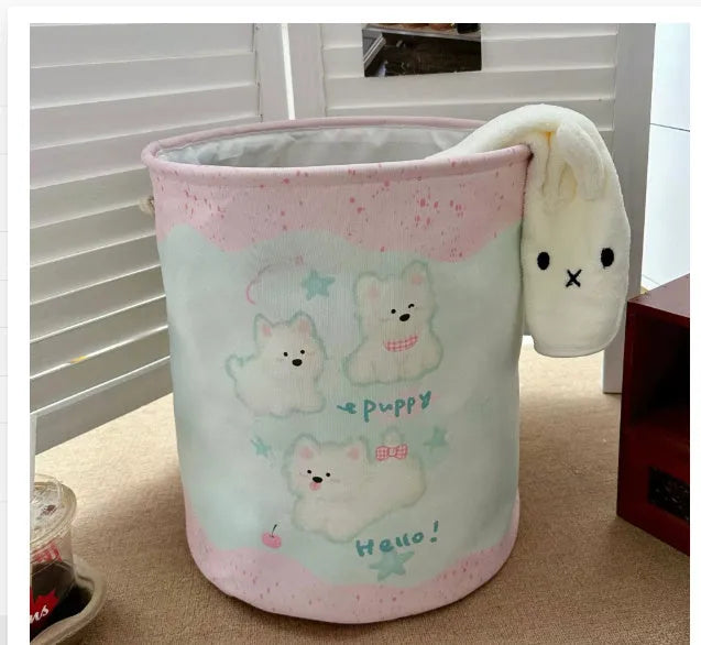 Foldable cotton cloth laundry basket with bear print design for bedroom storage