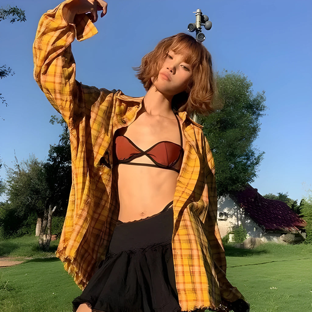 Original American dopamine yellow plaid shirt with loose fit cardigan style for youth leisure wear