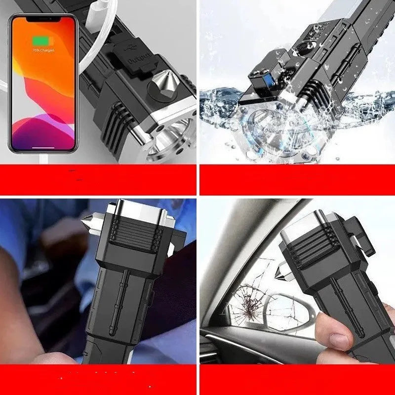 Silver plastic LED emergency flashlight with integrated power bank function.