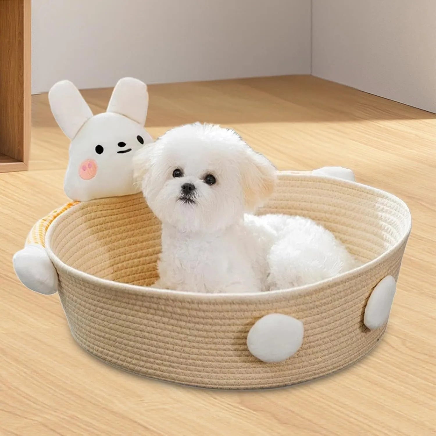 Woven cotton rope cat bed and scratcher basket in bear design, showing textured surface.