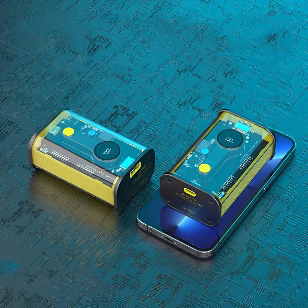 Transparent yellow power bank showing internal aluminium battery casing and 18650 lithium ion cells