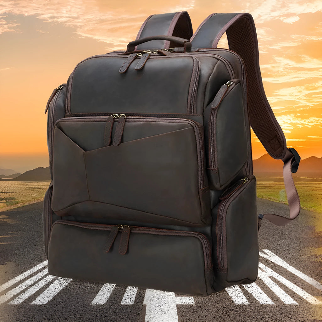 Dark brown retro crazy horse leather backpack for men with double shoulder straps, open front pocket.