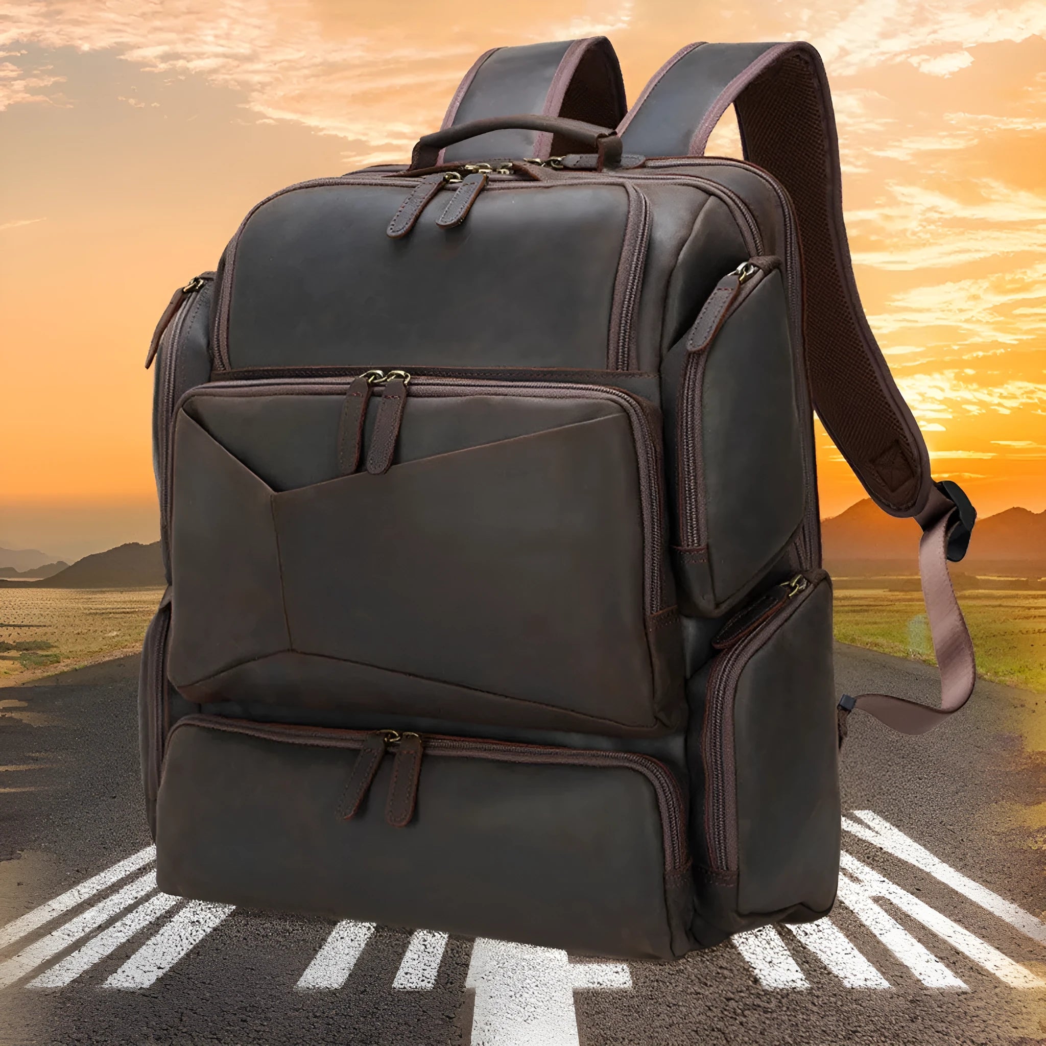 Dark brown retro crazy horse leather backpack for men with double shoulder straps, open front pocket.