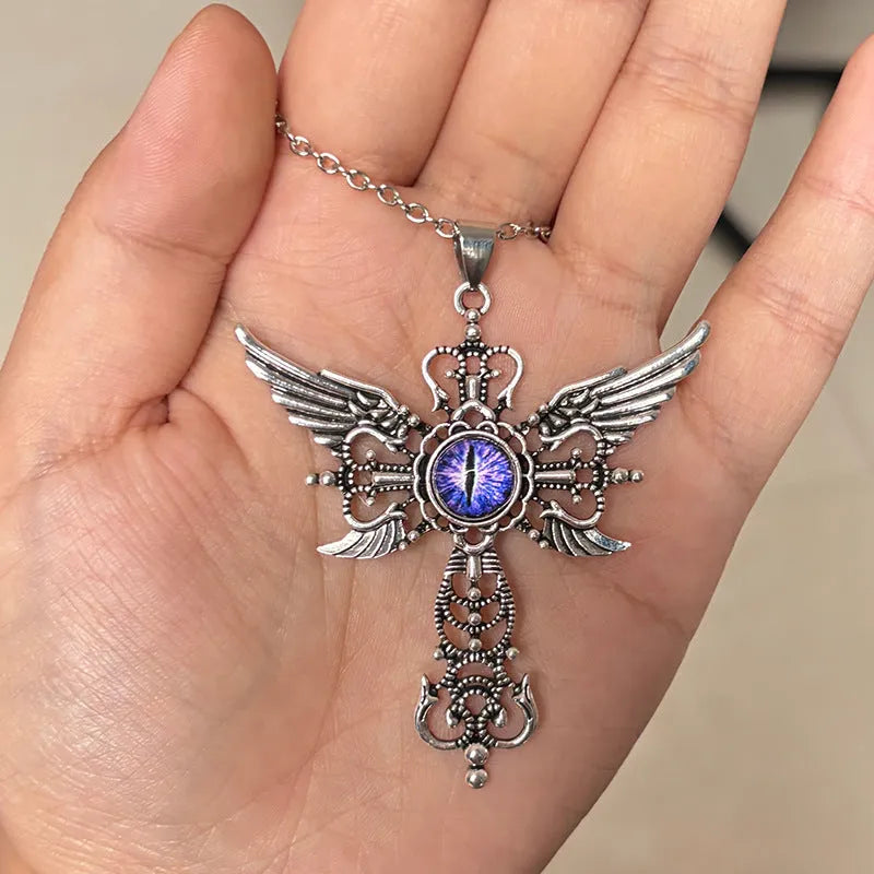 Creative geometric devil wings cross alloy pendant necklace in blue, green, purple, red, and yellow colour options.