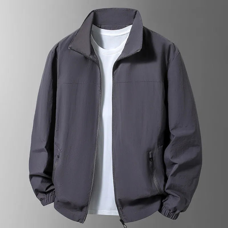 Large size men's casual jacket with stand collar and zipper, available in five colours and sizes M to 8XL