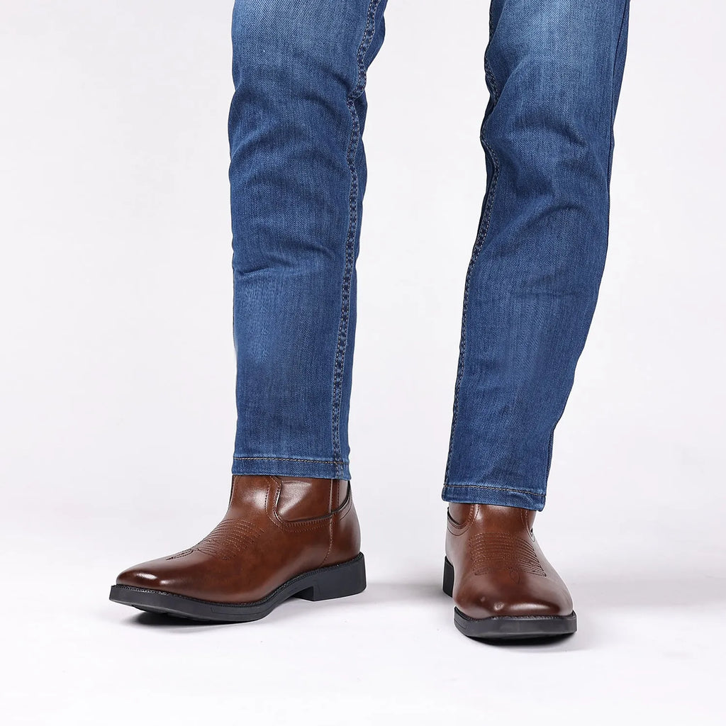 Brown retro wide head cowboy boot with decorative stitching and a square toe