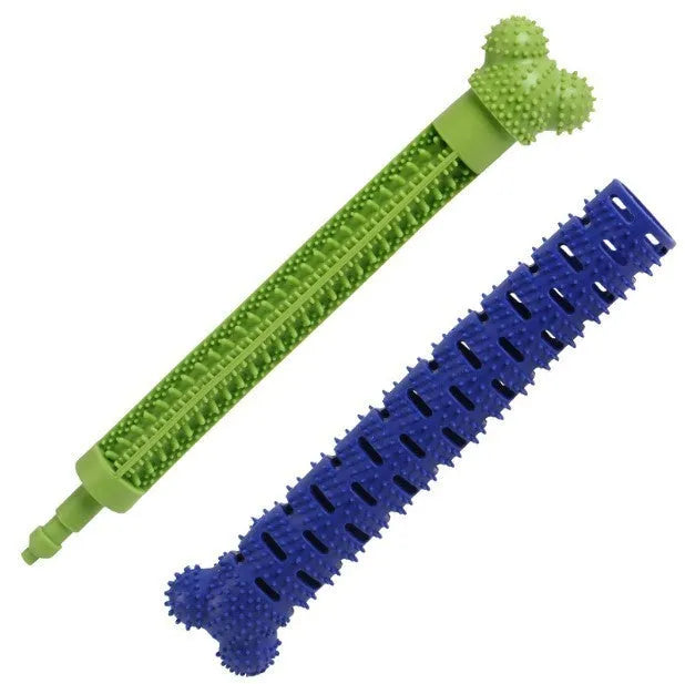 Blue silicone dog molar tooth cleaner stick with serrated brush head and treat crevice for dental care