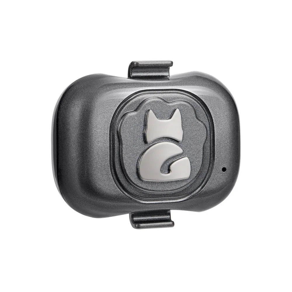 Black pet GPS locator tracker with hanging rope on a pet collar, showing compact design.
