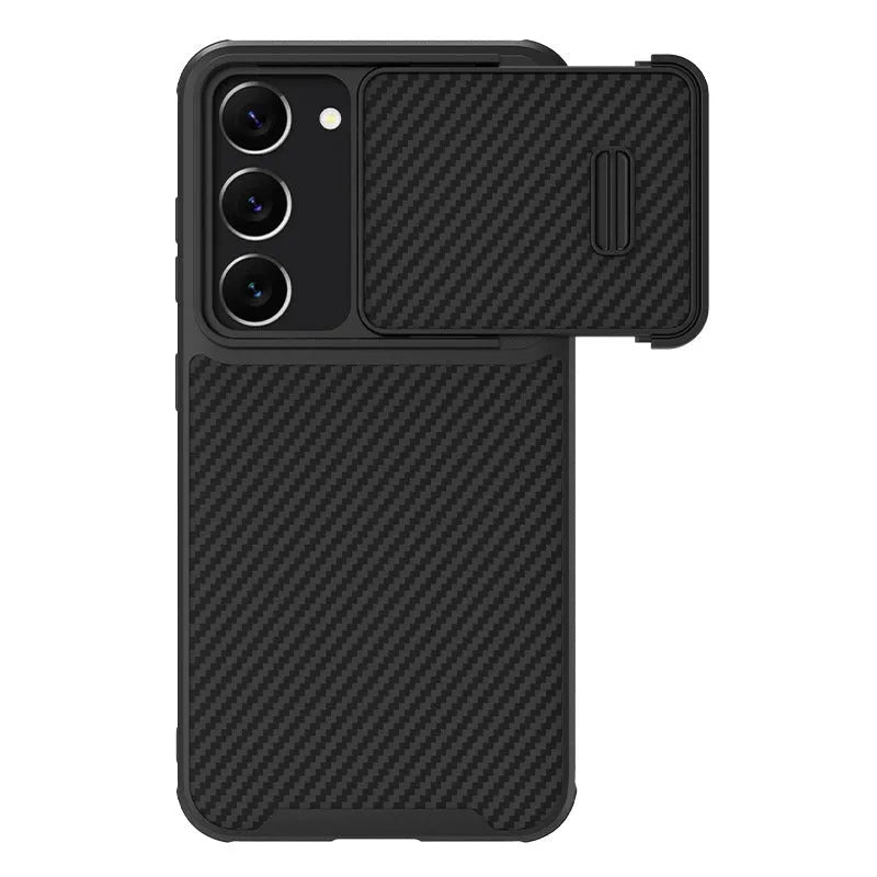 Black Samsung S23 Ultra phone case with a sliding lens cover over the camera module.
