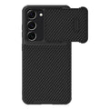 Black Samsung S23 Ultra phone case with a sliding lens cover over the camera module.