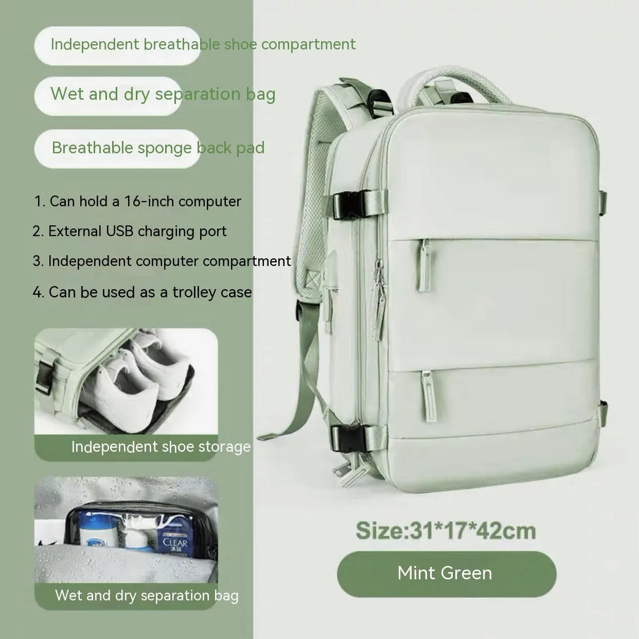 Large capacity waterproof mummy backpack in nylon available in multiple colours including black, mint green, pink, and light blue