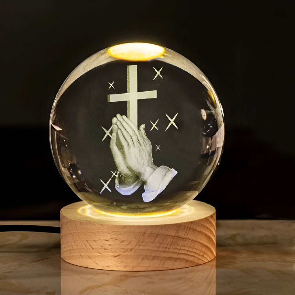 White crystal ball on solid wood warm light base decorative desk ornament