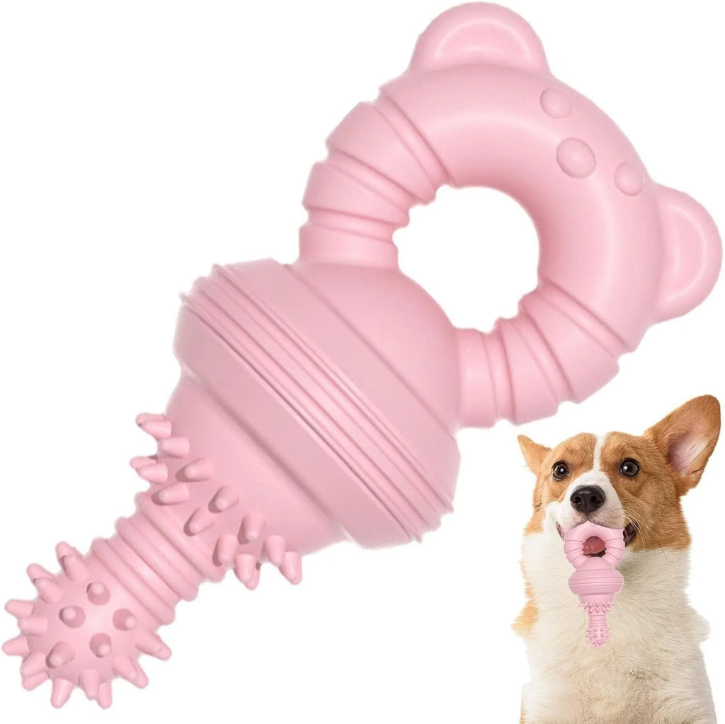 Blue rubber dog chew toy with molar cleaning texture and bell for aggressive chewers