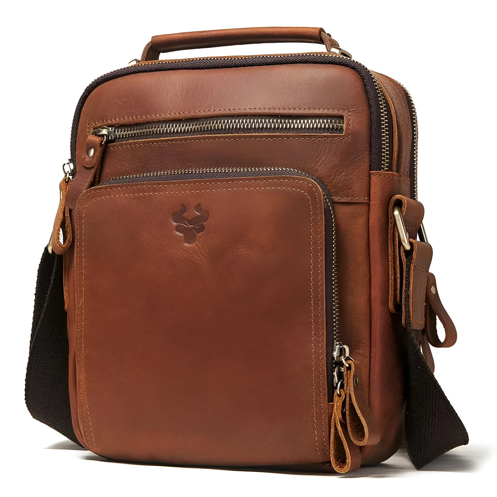 Men's brown Crazy Horse leather crossbody bag with single shoulder strap and decorative sewing lines