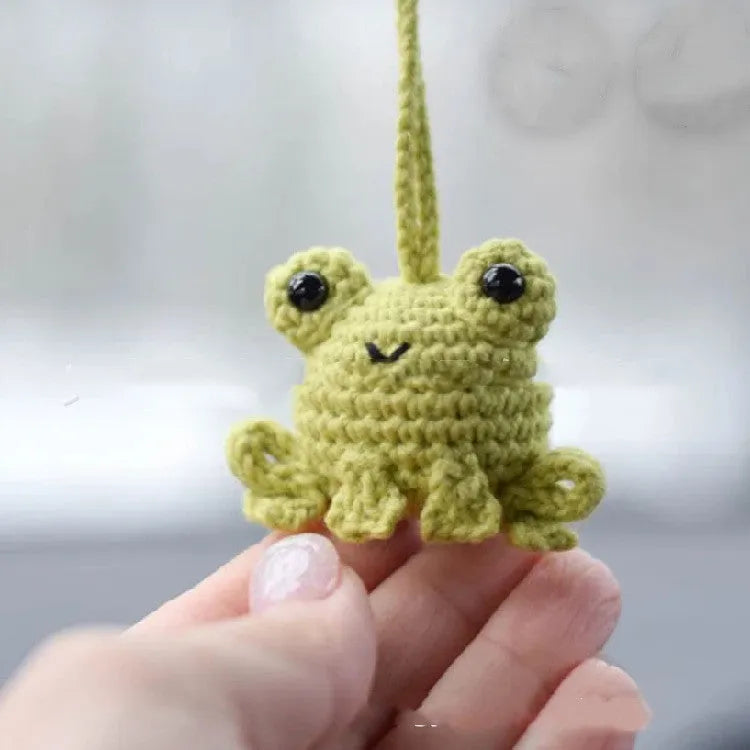 Handmade woven plush frog pendant for car interior decoration in green colour
