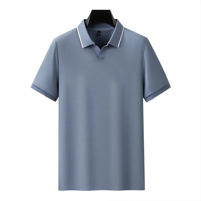 Men's short sleeve polo shirt in a mercerised cotton blend with a lapel collar, shown in graphite grey.