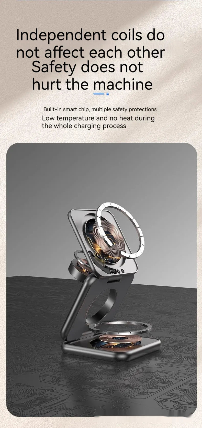 Foldable magnetic wireless phone charger in black or white with QC3.0 fast charging