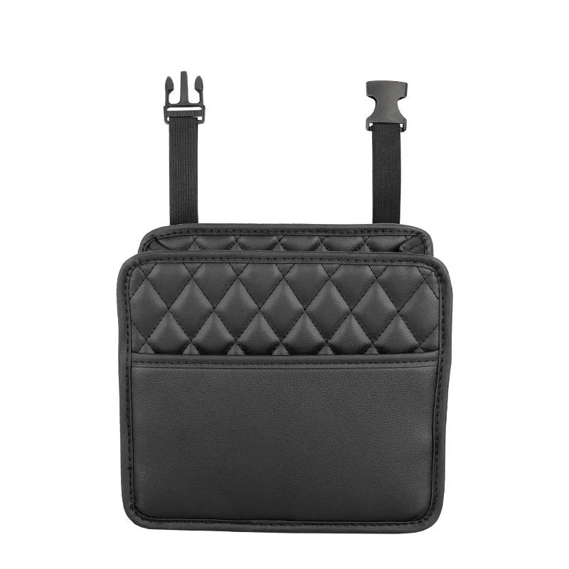 Black leather hanging storage bag for car interior, showing size and hanging loop.