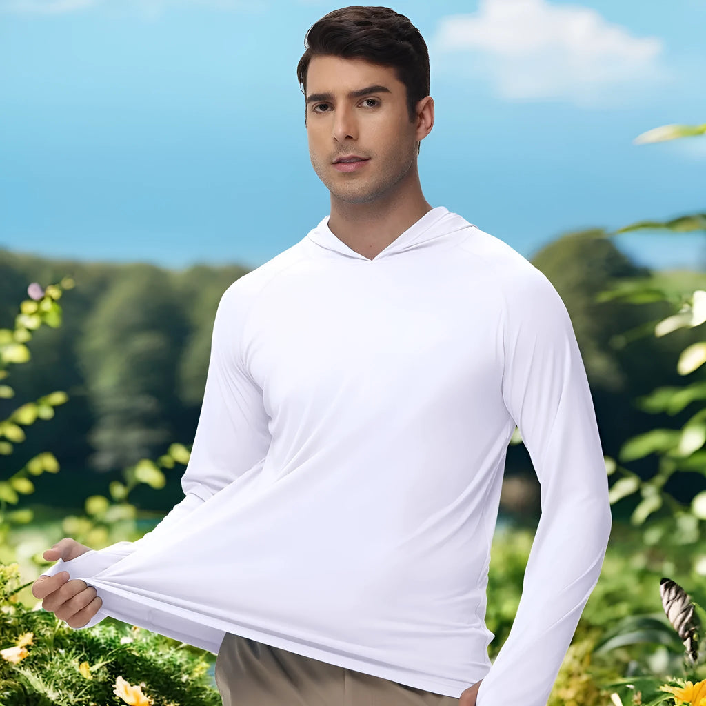 Men's long sleeve hooded top in polyester fabric for outdoor UV protection