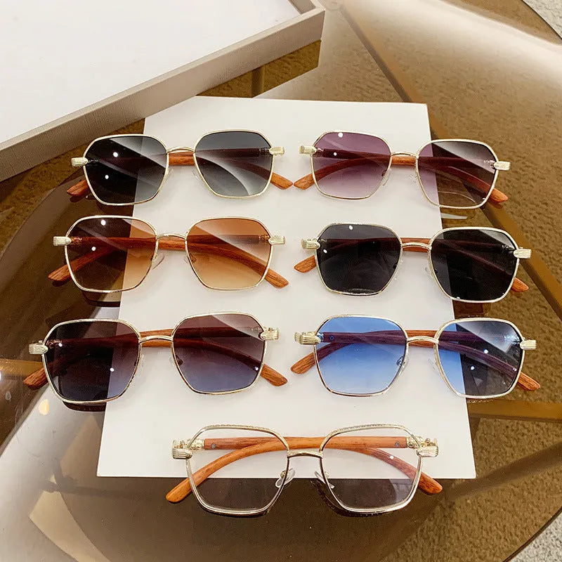 Women's frameless trim glasses with wood grain effect and gold alloy frame in a box style.
