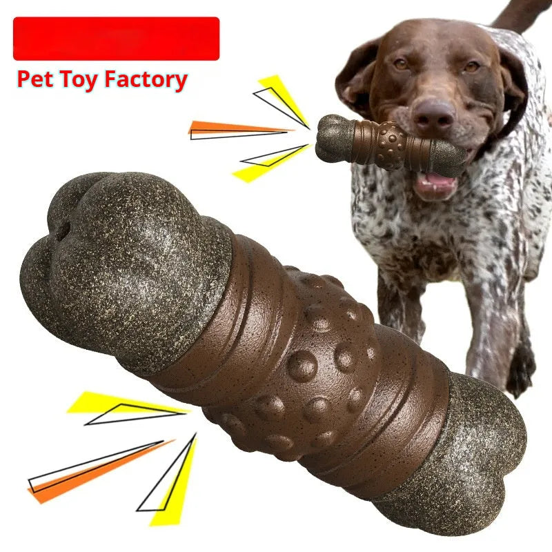 Wood colour plastic dog dental bone toy with textured cleaning surfaces