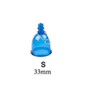 Blue silicone male adult exerciser cup shown in small, medium, and large size options