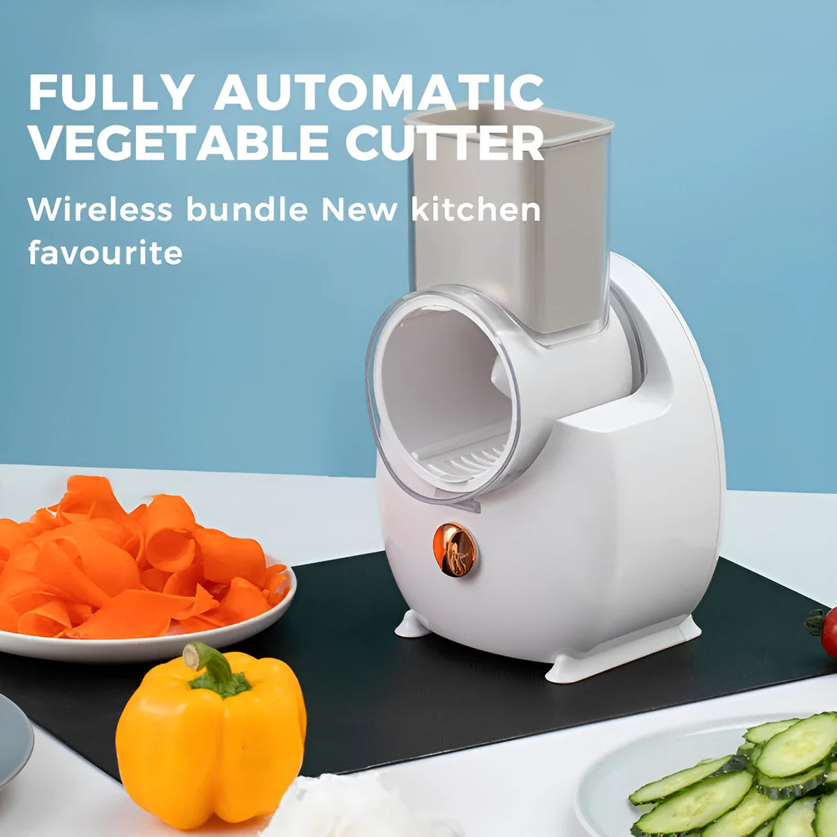 White electric vegetable slicer with rotary grater and suction base for automatic food preparation