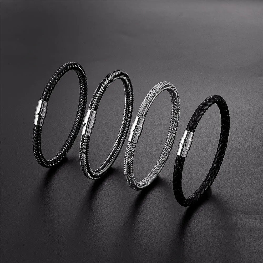 Titanium steel wire bracelet with magnetic clasp in geometric design showing line patterns
