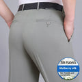 Men's mulberry silk blend suit pants in dark blue with high waist straight leg cut for business wear
