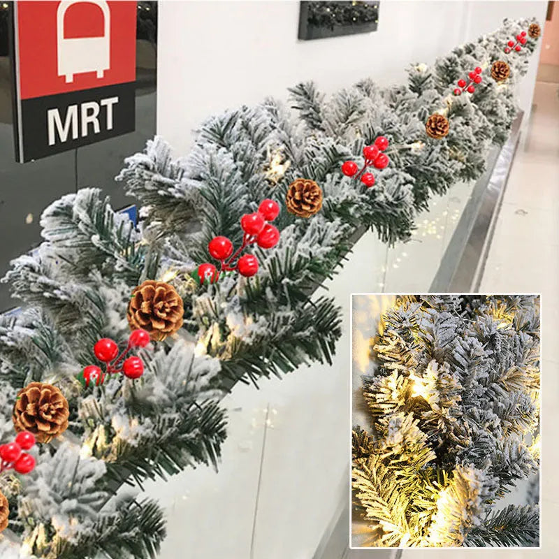 White flocked snow rattan-style PVC Christmas garland in three lengths.