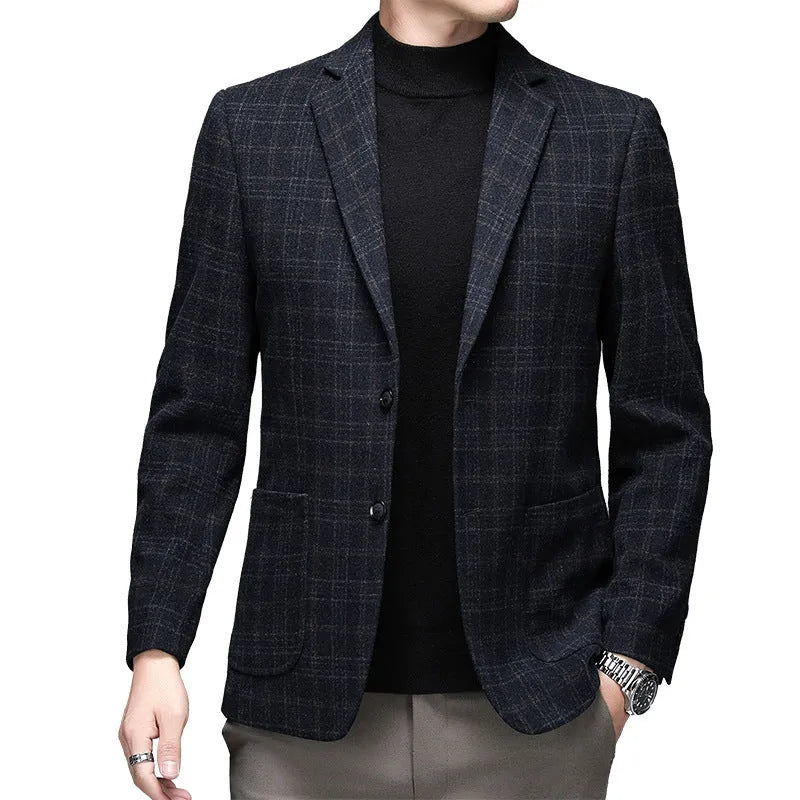 Men's solid colour loose-fit woolen winter jacket in gray, shown front-on.