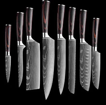 Chef knife with laser Damascus pattern on 7CR17 steel blade and colour steel handle.