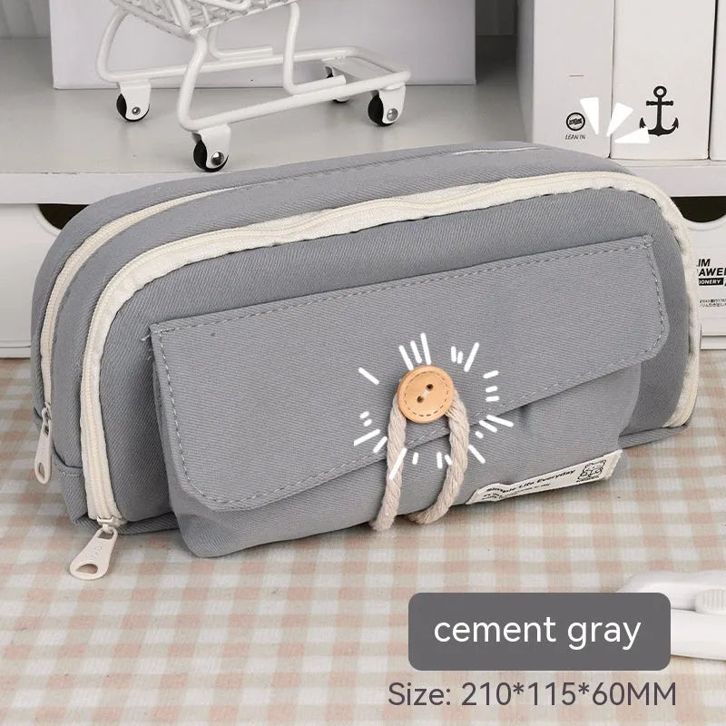 Korean style canvas pencil case in green colour with large capacity for approximately 80 pens