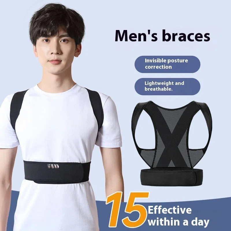 Men's beige hunchback corrector belt with adjustable straps for spine posture support and shoulder alignment
