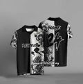 Black loose fit T-shirt with 3D printed graphic design, short sleeves, available sizes S to 6XL