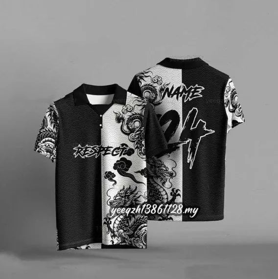 Black loose fit T-shirt with 3D printed graphic design, short sleeves, available sizes S to 6XL