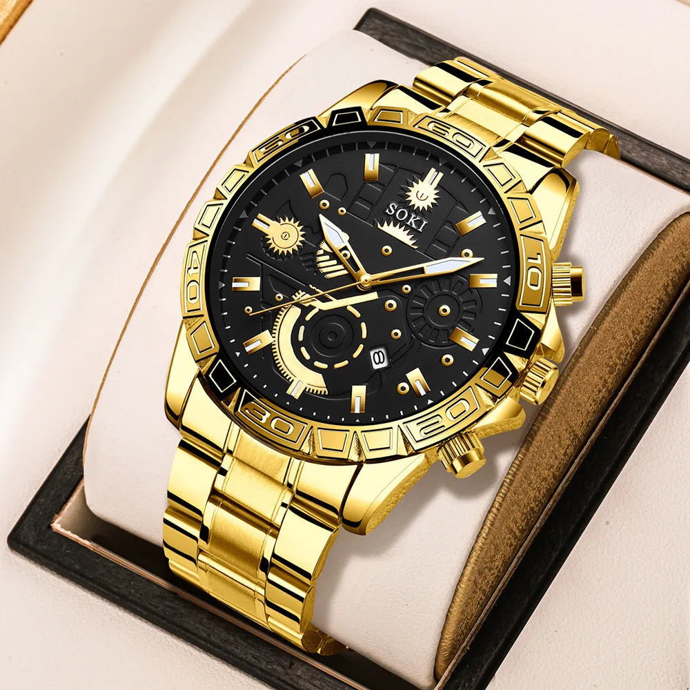 Men's gold-tone quartz watch with stainless steel bracelet and calendar display