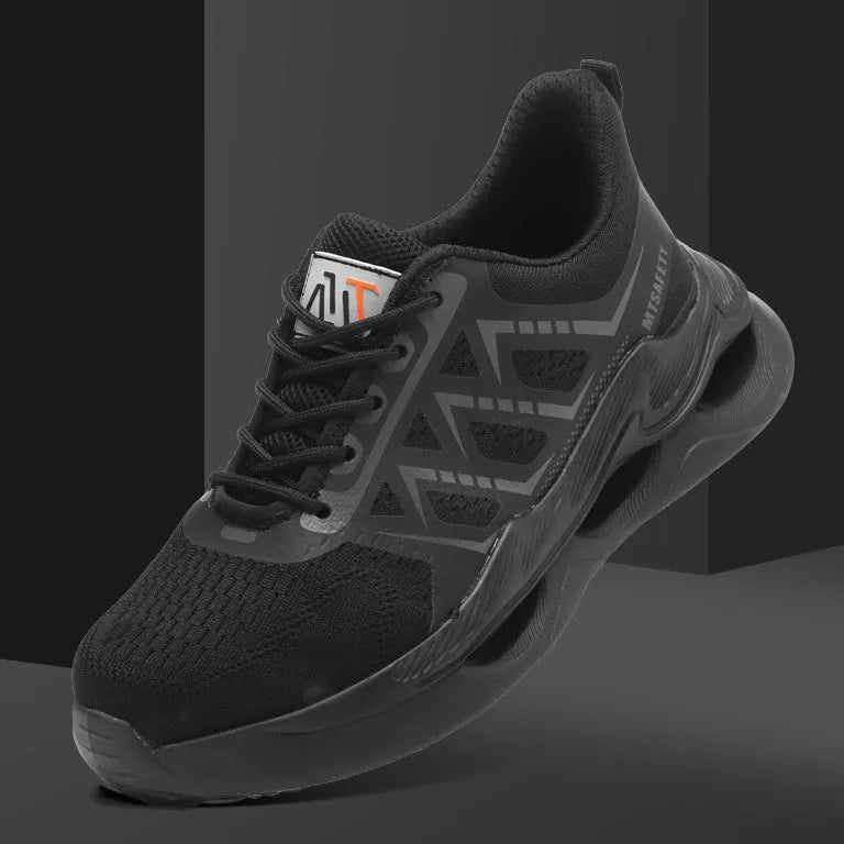 Black steel toe cap labour protection shoes with lace-up front and flat knitted uppers.