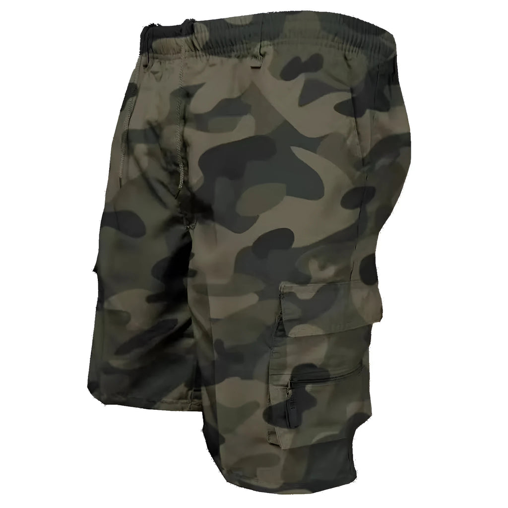 Men's loose-fit cotton sports shorts with multiple pockets and drawstring waist in khaki colour