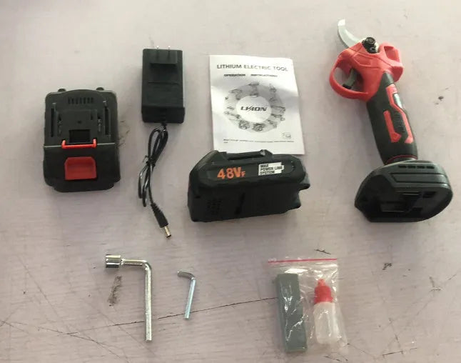 Cordless electric pruning shears with lithium battery in a plastic storage case.