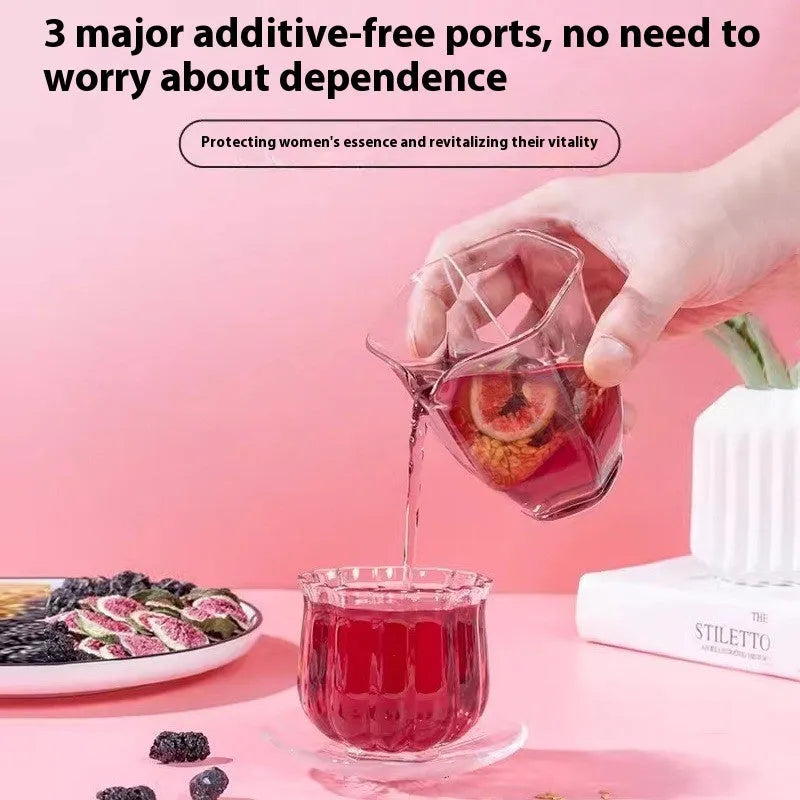 Packets of black wolfberry mulberry herbal tea with flaxseed and fig blend, shown with a free cup