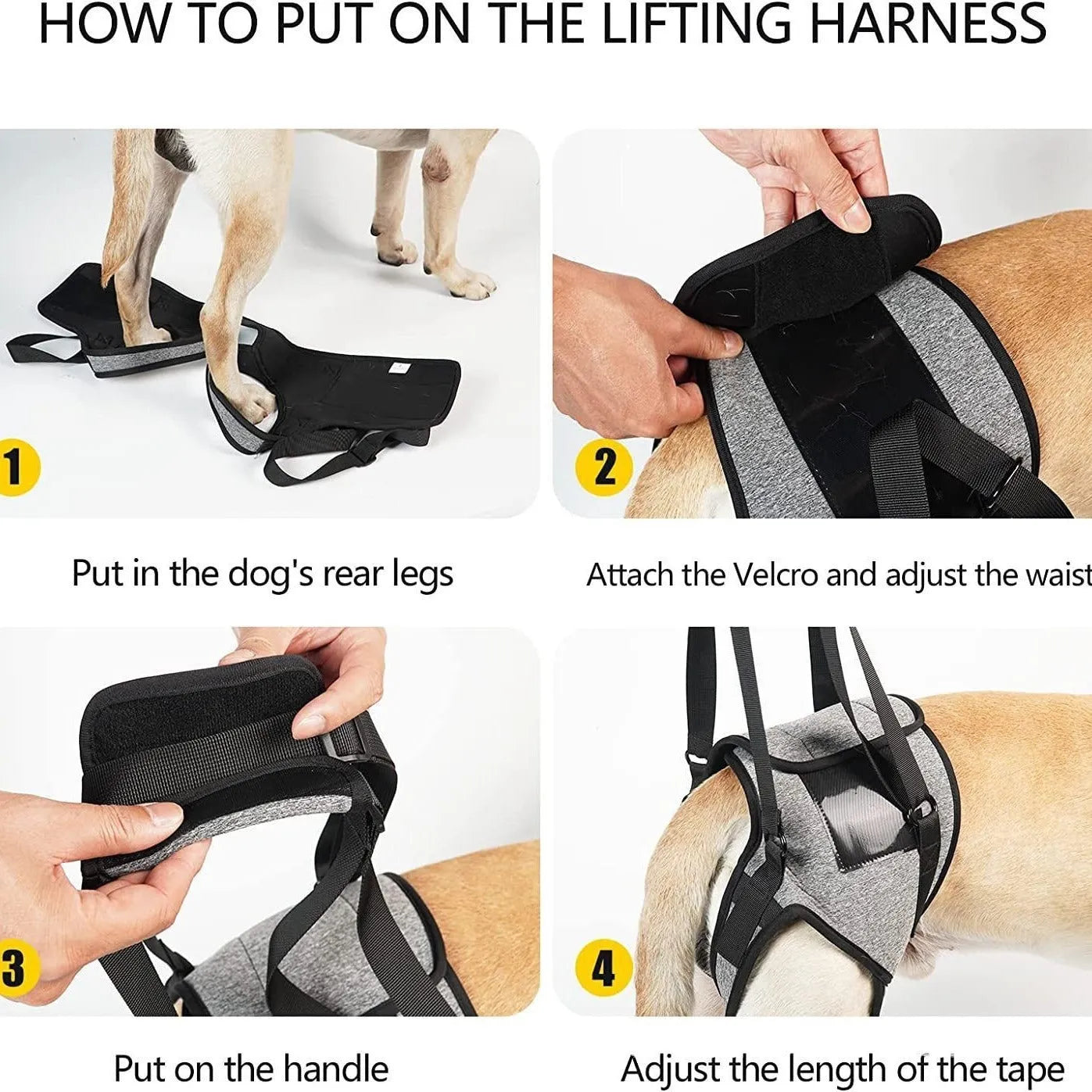 Grey neoprene dog recovery belt for injured rear legs, showing adjustable waist and thigh straps.