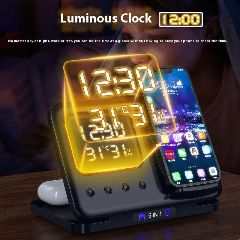 Black wireless charging station with digital clock displaying time and temperature charging phone and watch